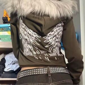Faux Fur Hooded Jacket with White Wing Back Print